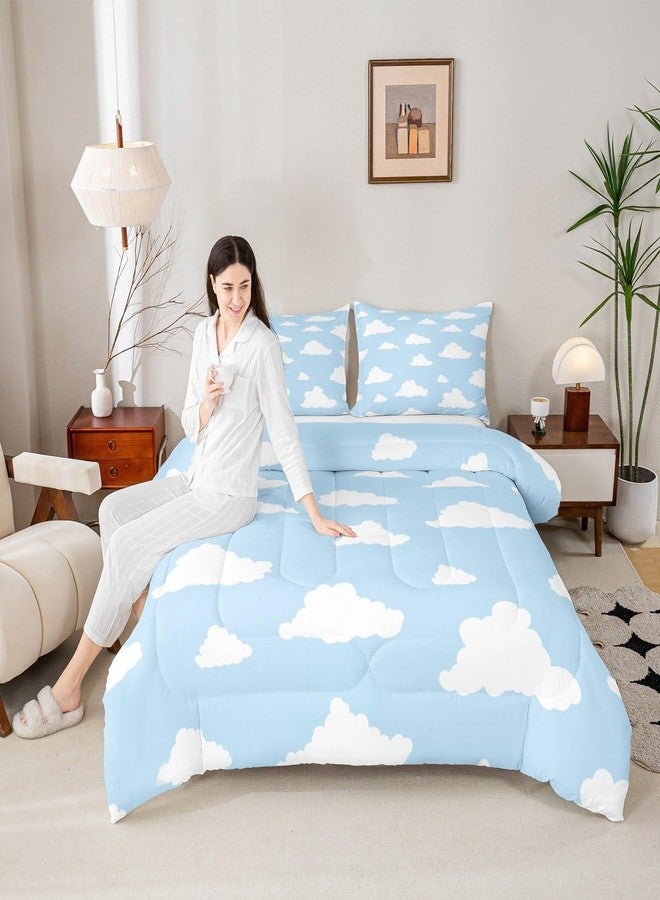 Homewish طقم لحاف هوم ويش بنقشة الغيوم البيضاء، أطقم مفروشات مزينة برسومات غيوم كرتونية وسماء زرقاء للأطفال والمراهقين والبالغين، طقم لحاف مزخرف برسومات جرافيتي بسيط مع غطاء وسادة واحد، مقاس مزدوج، قطعتان - Image 2